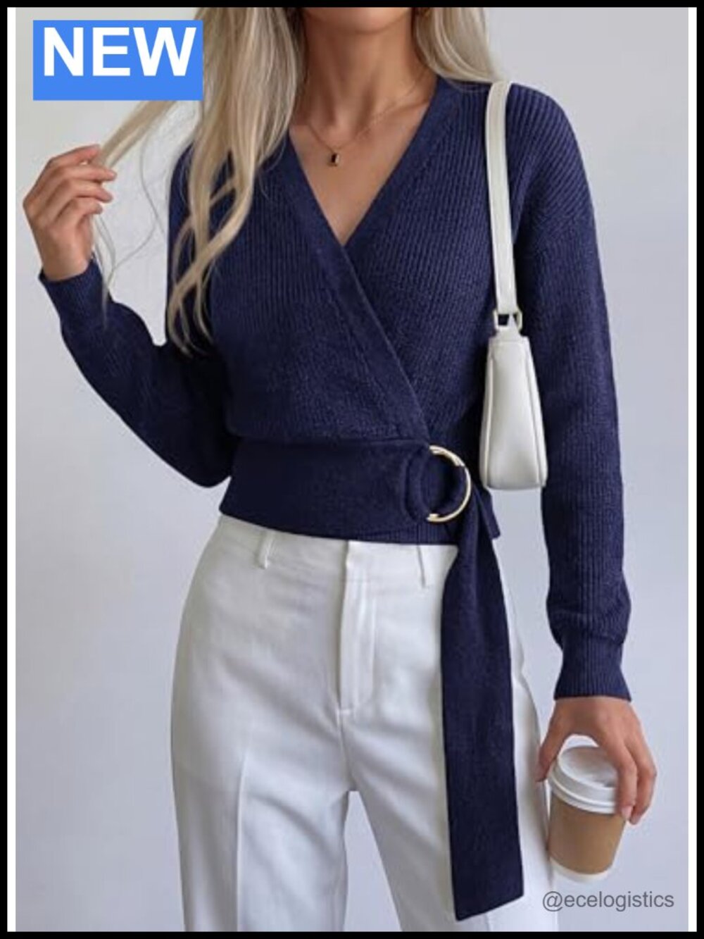 Long Sleeve Wrap V Neck Belted Knit Sweater Women Fall Winter - Picture 4 of 6